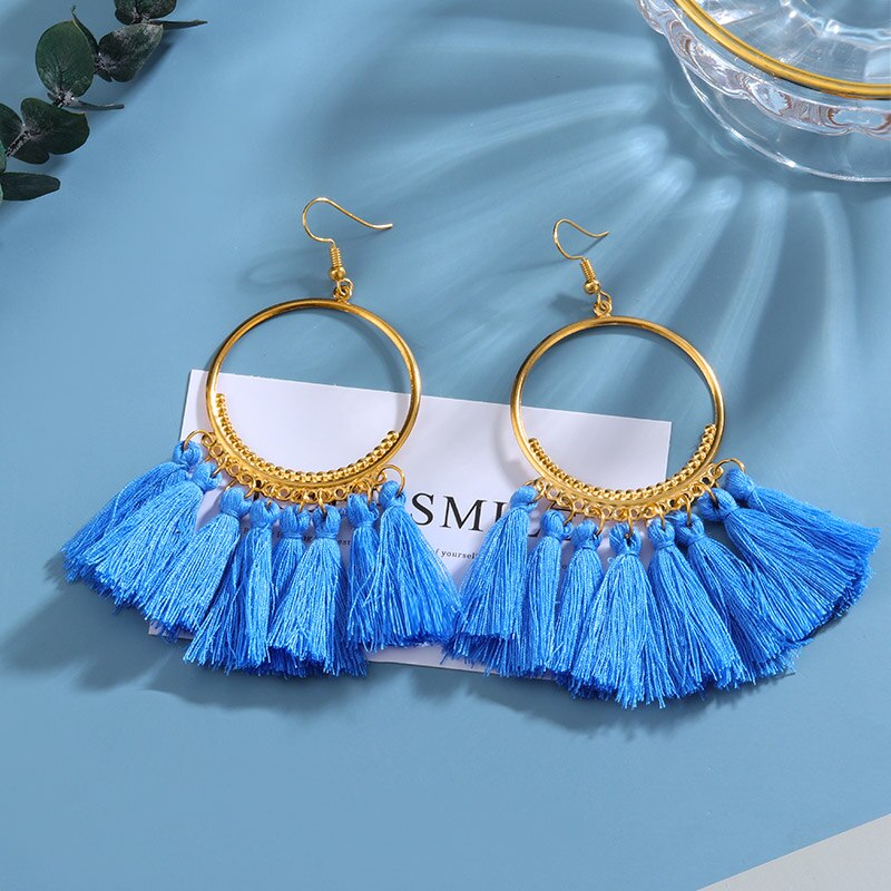 Bohemian Tassel Earrings for Women Cotton Silk Fabric Long Fringe Dangle Earrings Party Female Jewelry: Blue 1