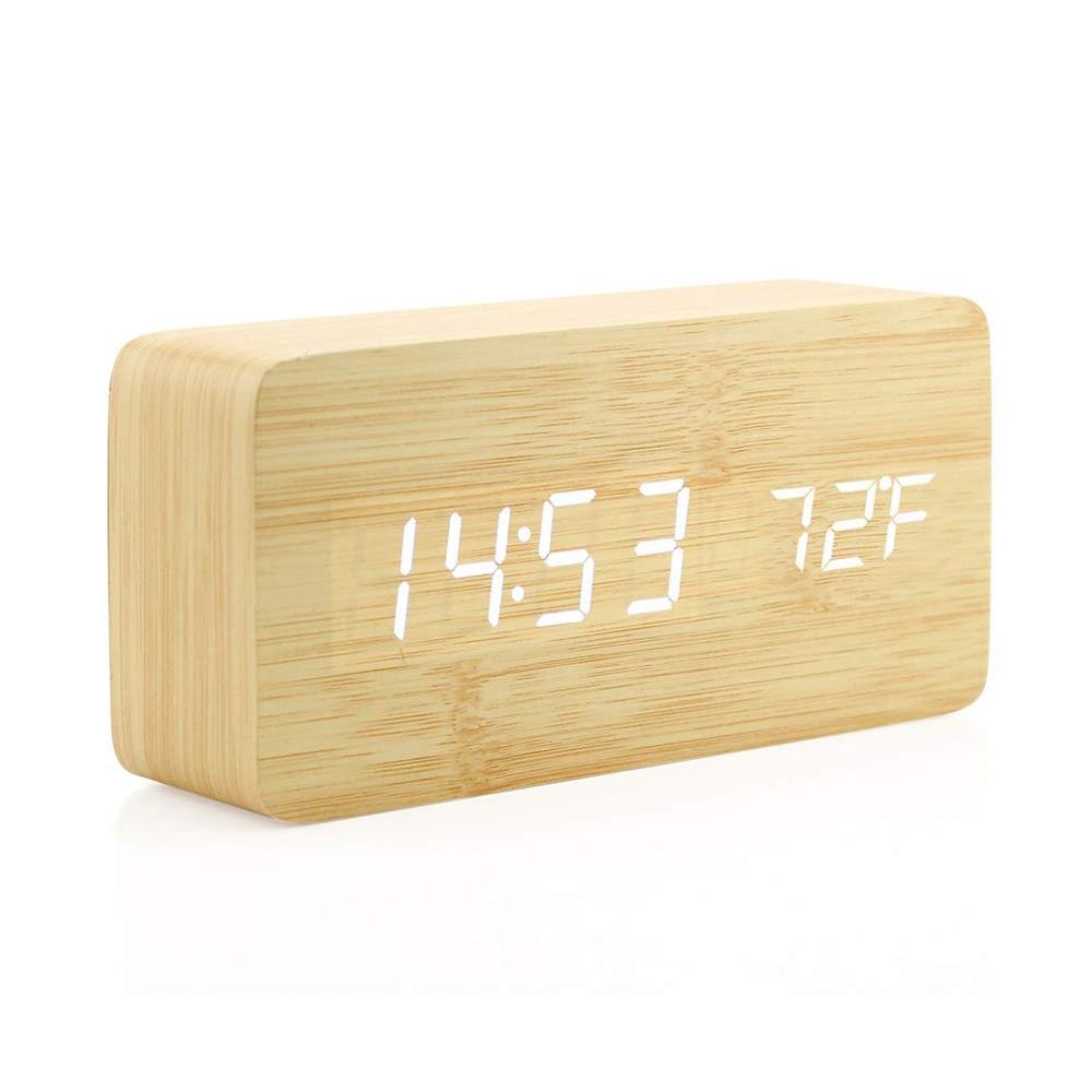 Stijlvolle Multifunctionele Led Wekker Creatieve Houten Usb Voeding Digitale Wekker Met Voice Control: wood