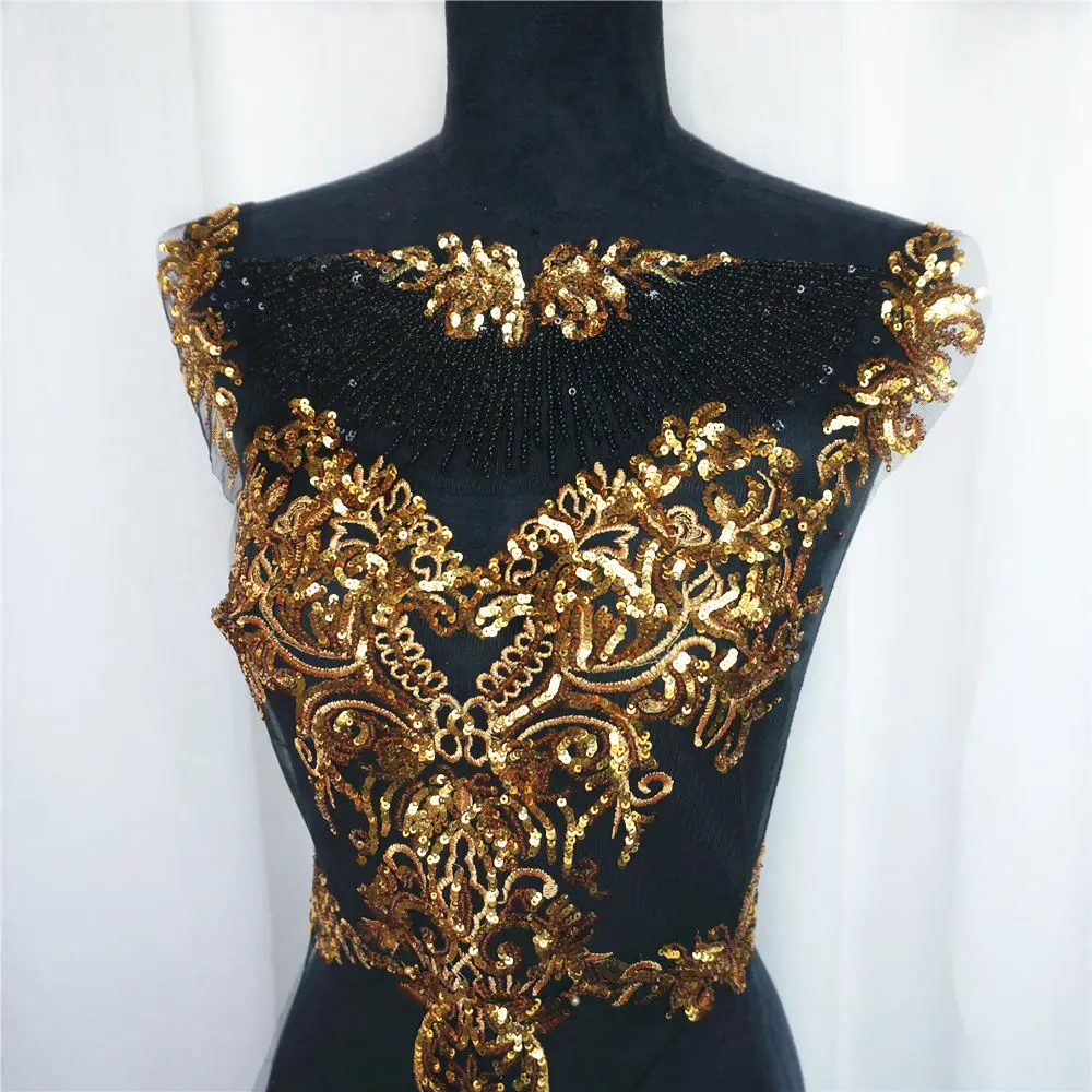1 sæt sort tyl guld pailletter broderi blonde stof kvast royal noble brudekjole applikation patch krave kjole diy