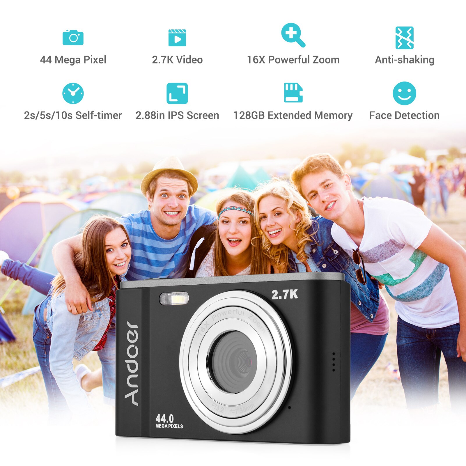 Andoer Mini Digital Camera 16X Zoom Self-Timer Face Detection Anti-shaking Built-in 1/4 Mounting with Hand Strap Carry Pouch