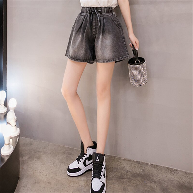 POUNGDUDU Summer Women's Denim Shorts For Girl Plus Size Shorts Jean Female 100KG Wearable Gray High-Waist Elastic Loose