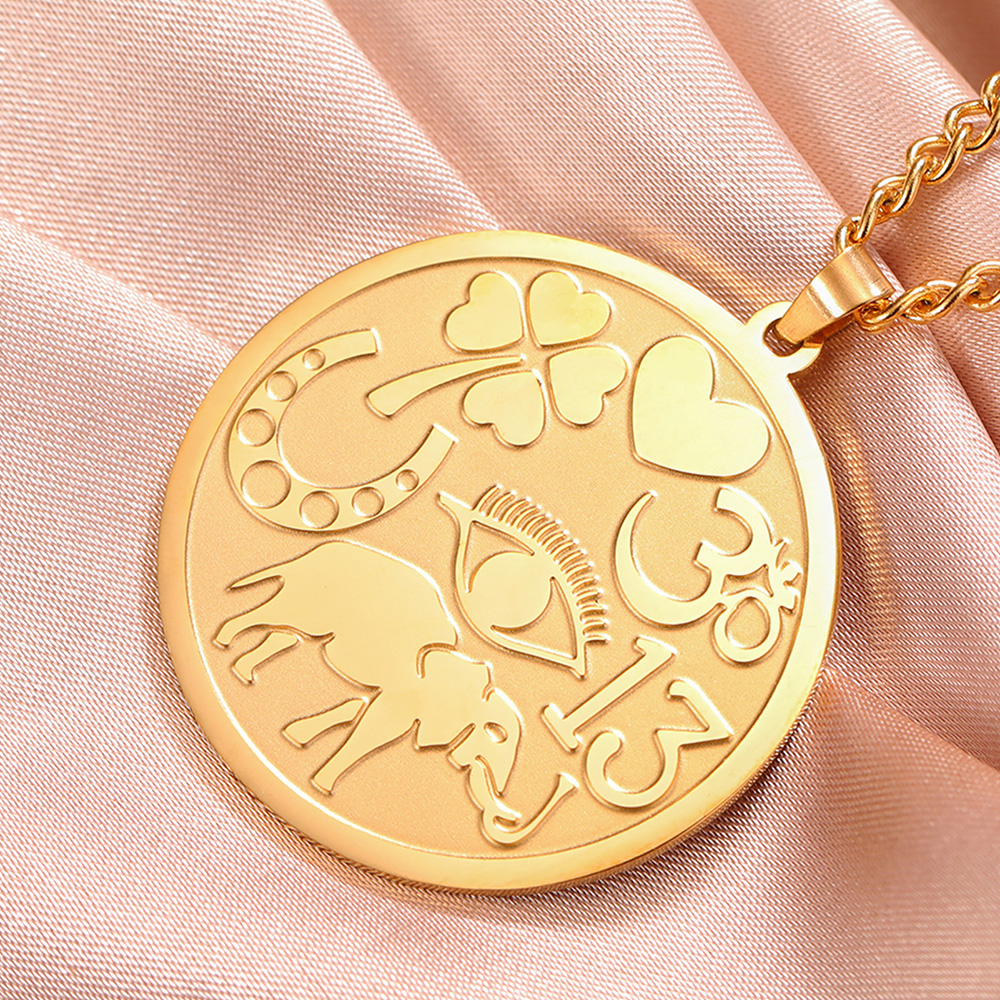 Colar de homens Sorte Elephant Medallion colar poderoso amuletos de proteção Quatro folhas Clover Ohm Symbol Horseshoe Evil Eye colar jóias de aço inoxidável: Dourado