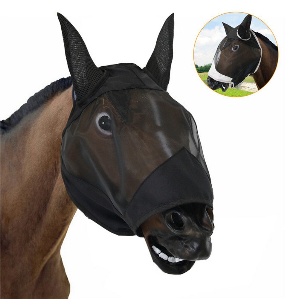 Fournitures équestres cheval masque facial tête-monté respirant maille couverture Anti-moustique Protection yeux et oreilles produit pour animaux de compagnie S/M/L