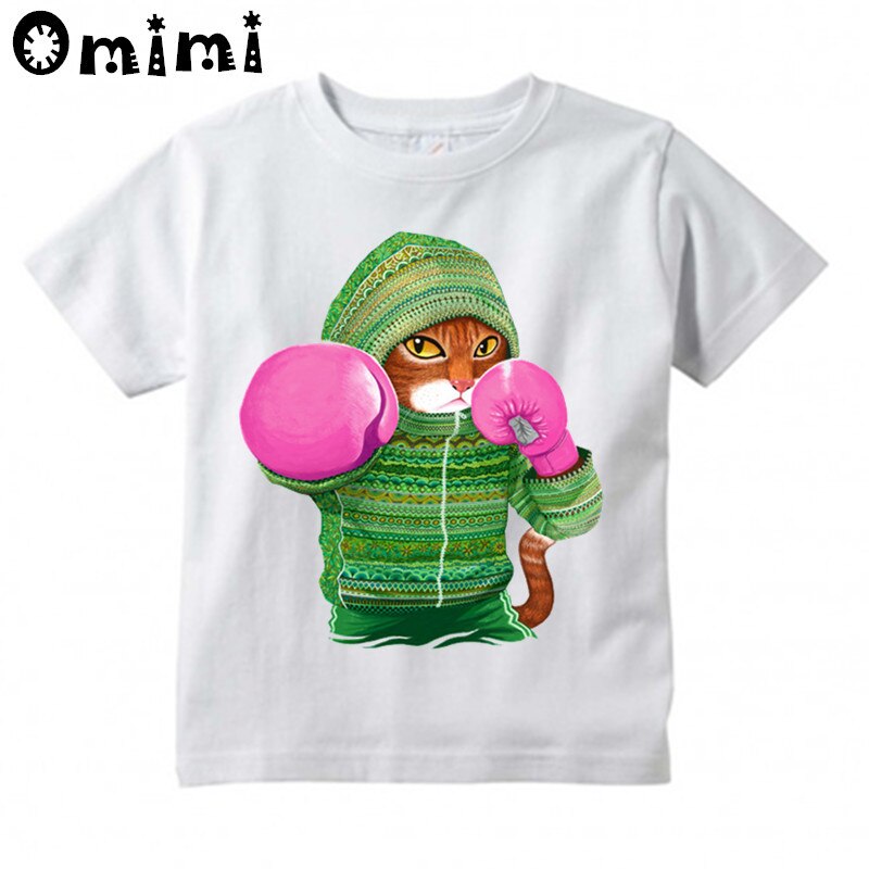 Jongens/Meisjes Super Boksen Kat Aanval T-shirt Kids Casual Cool Tops Kinderen Zomer Wit Leuke T-shirt: oHKP5043B / 9T