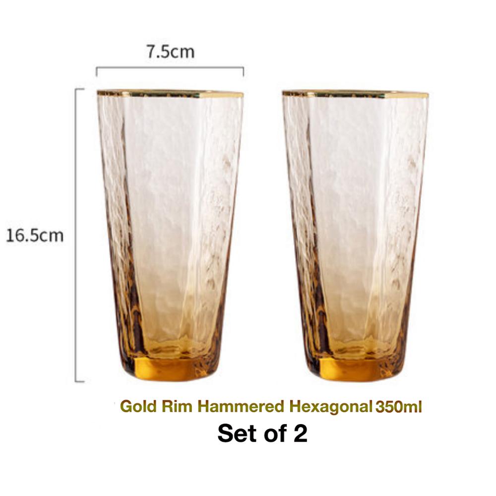 2 PCS Hexagonal Hammered Gold Rim Champagne Glass, Wine Glass,Whisky Glass, Water Glass Set of 2: 350ml set of 2