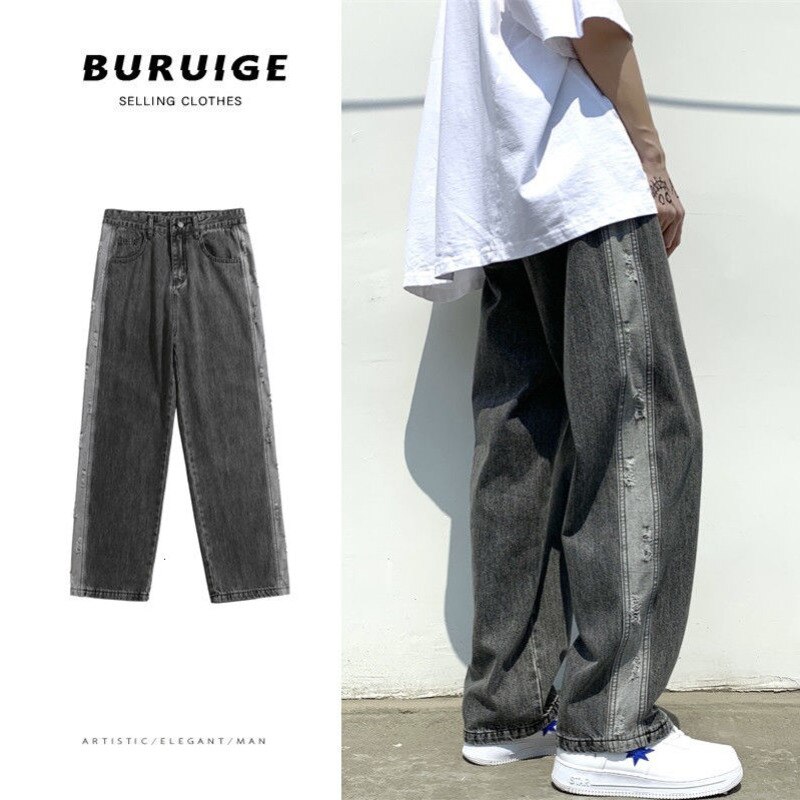 Summer Ripped Wide-leg Jeans Men's Retro Harajuku Baggy Jeans Men Streetwear Loose Hip-hop Straight Denim Trousers Mens: Black / XXL