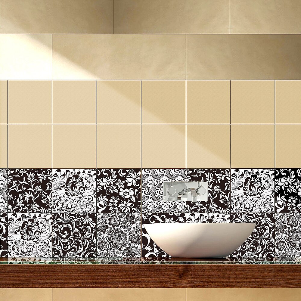 Baroque noir et blanc motif carrelage autocollants salle de bain toilette étanche mur décor Mural
