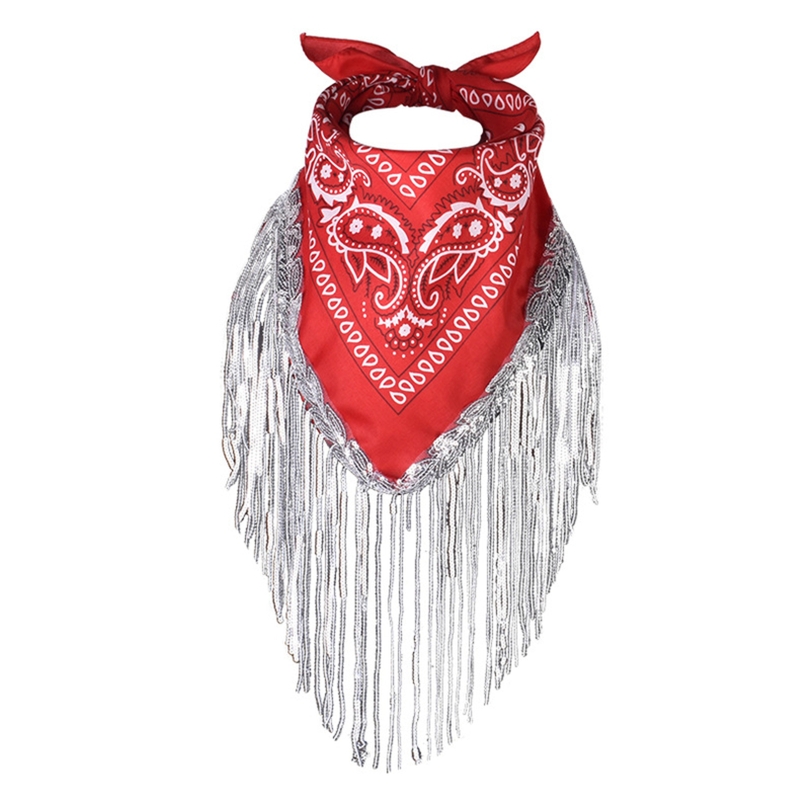Cowgirl Bandanas Sequin Women Bachelorette Bandanas Tassel Trim Head Scarf Cowgirl Fringe Bandanas Neckerchief Bandanas: GRAY