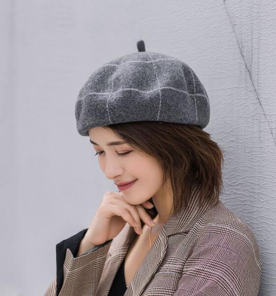 Boinas de invierno a cuadros para mujer Vintage de lana de punto sombreros femeninos estilo británico gorro de señora gorro de pintor sombreros de niña boina: dark gray