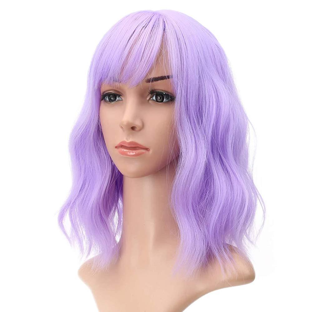 Lavendel lilla pink paryk med air bang farverige korte bølgede parykker til kvinder syntetisk pastel lilla paryk 14 tommer begrænse rabatter