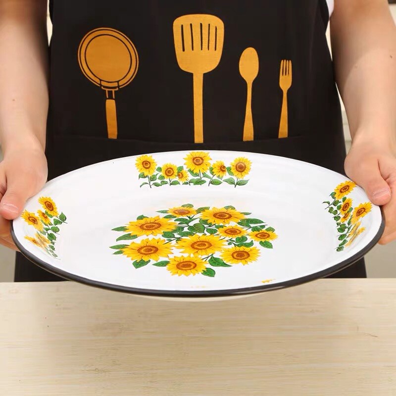 Plato grande de esmalte chino Vintage, plato de comida de fruta con patrón de rosa de girasol, contenedor, vajilla, utensilios de cocina