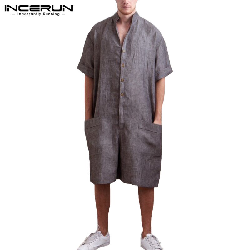 Streetwear Mens Romper Short Sleeve Solid Button Big Pockets Jumpers Vacation Overalls Cargo Suits Casual Rampers Pants: XXL / Grey