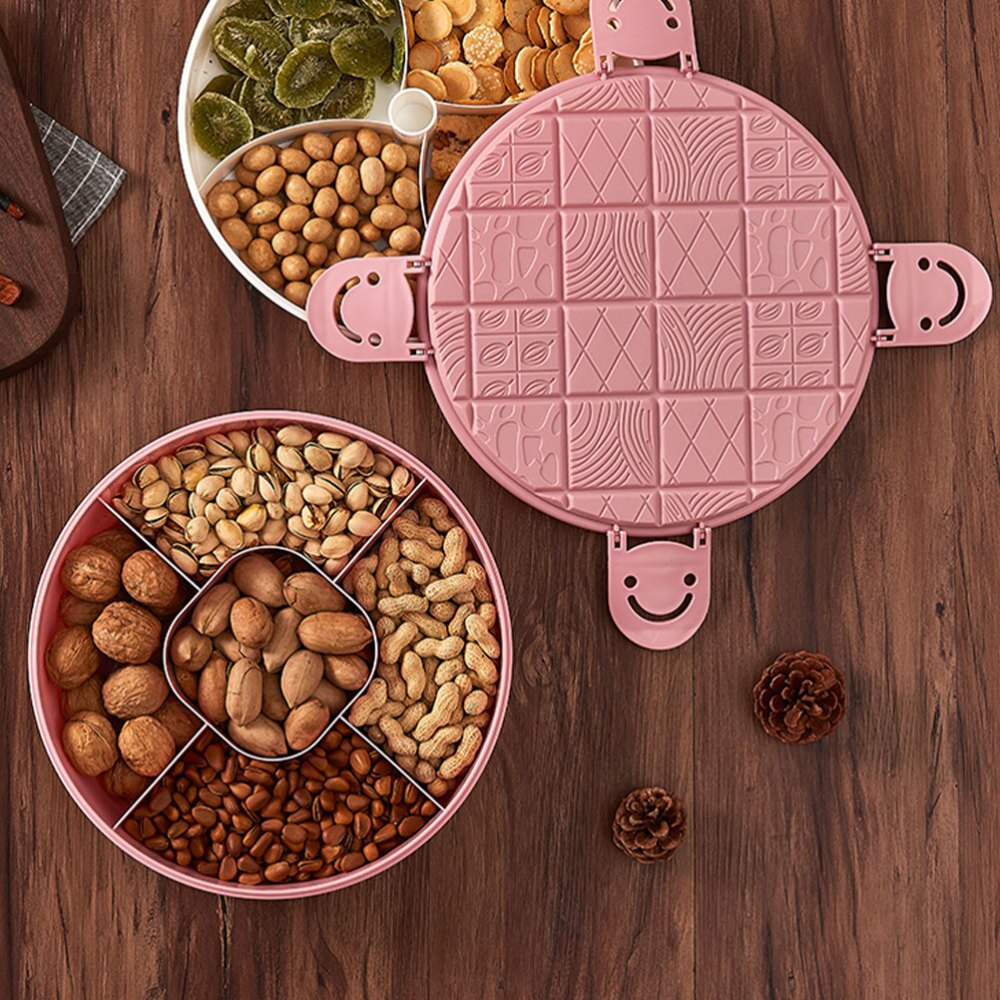 Plateau rond de service de snacks, plateau d'apéritifs, organisateur de fruits secs, plateau de bonbons et noix divisé avec couvercle (bleu)