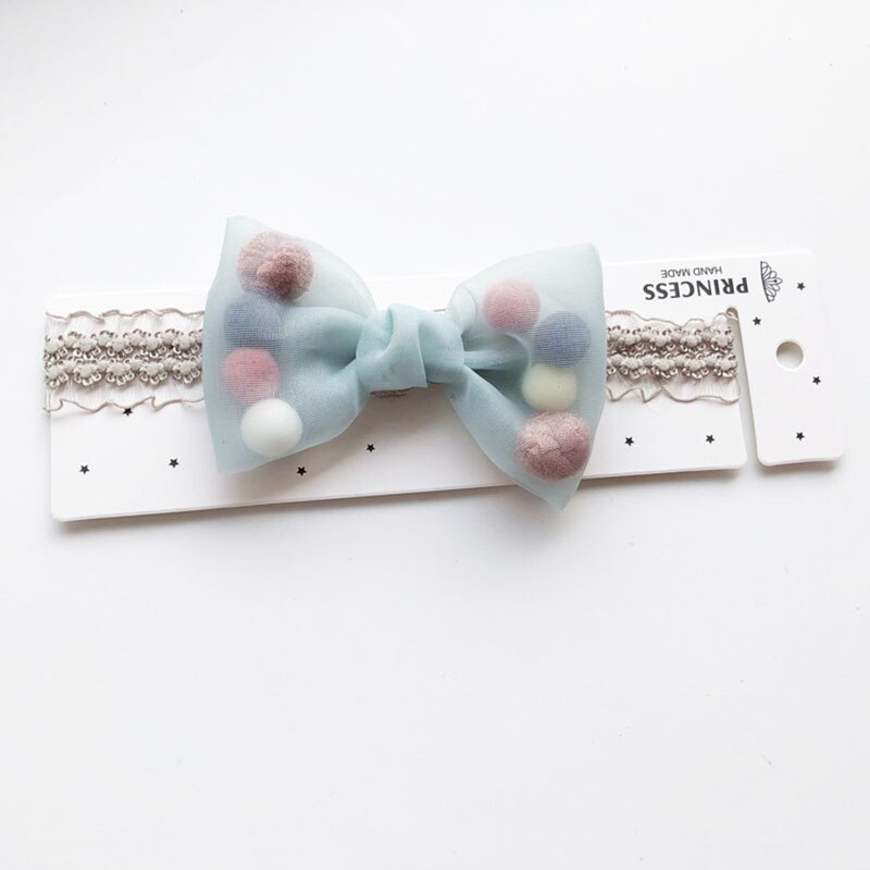 Baby Girls Bowknot Crown Headband Kids Lace Elastic Princess Hair Band Colorful Pompom Baby Hair Accessories: style3 blue