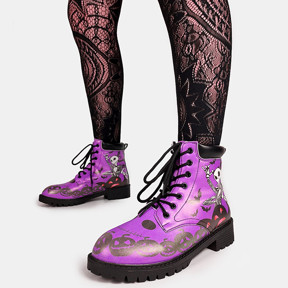DoraTasia-botines con calavera morada para mujer, botas cortas de tacón grueso para Festival, zapatos de calle informales
