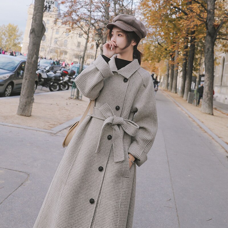 Abrigo de lana de gallo largo y grueso para mujer, chaqueta de lana para estudiante, con cinturón suelto a cuadros, para invierno