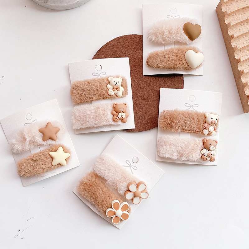 2 Stuks Faux Fur Baby Haar Clips Voor Meisjes Haarspelden Leuke Ster Hart Beer Kids Hair Pin Accessoires Baby Barrette hoofddeksels