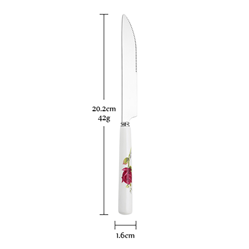 Ceramic Tableware Stainless Steel Cutlery Ceramic Handle Steak Knife Fork Spoon Cake Dessert Dinnerware Rose Flowers Pattern: black