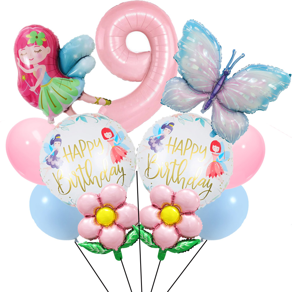 Juego de globos de hadas y flores, globos de mariposa, decoraciones de 1 a 9 cumpleaños para niñas, suministros de decoración para de cumpleaños con tema de mariposa