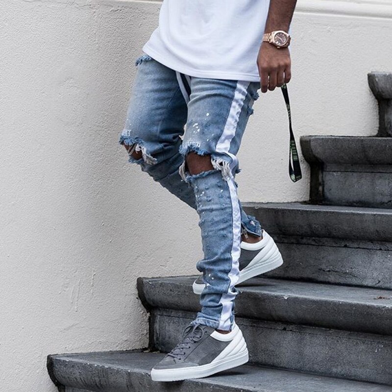 Heyguy pantalons hommes jean slim hommes streetwear déchiré jean pour homme ajusté bas fermeture éclair hip hop jean homme denim