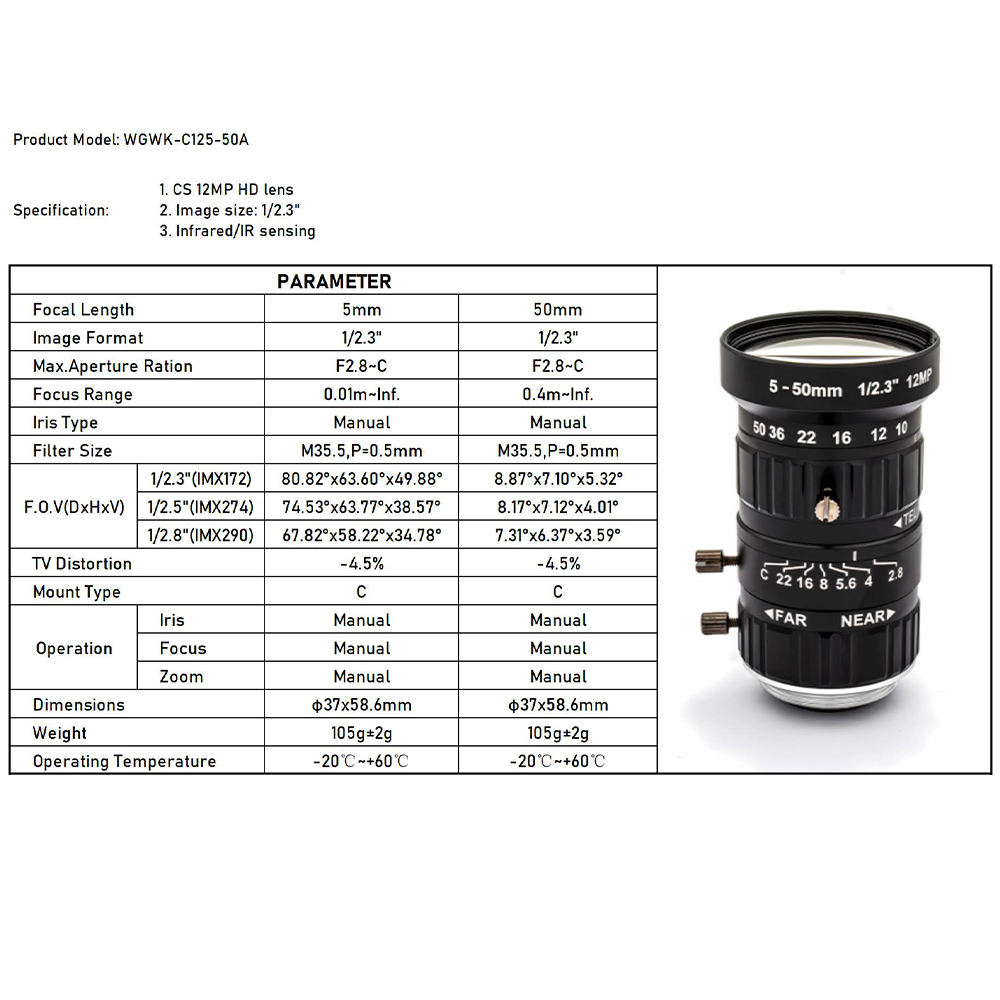 WGWK 4K 12MP CS Mount CCTV Lens 1/1.8" Format Manual Iris 5-50mm Industrial Zoom Lens For Machine Vision Surveillance IP Camera