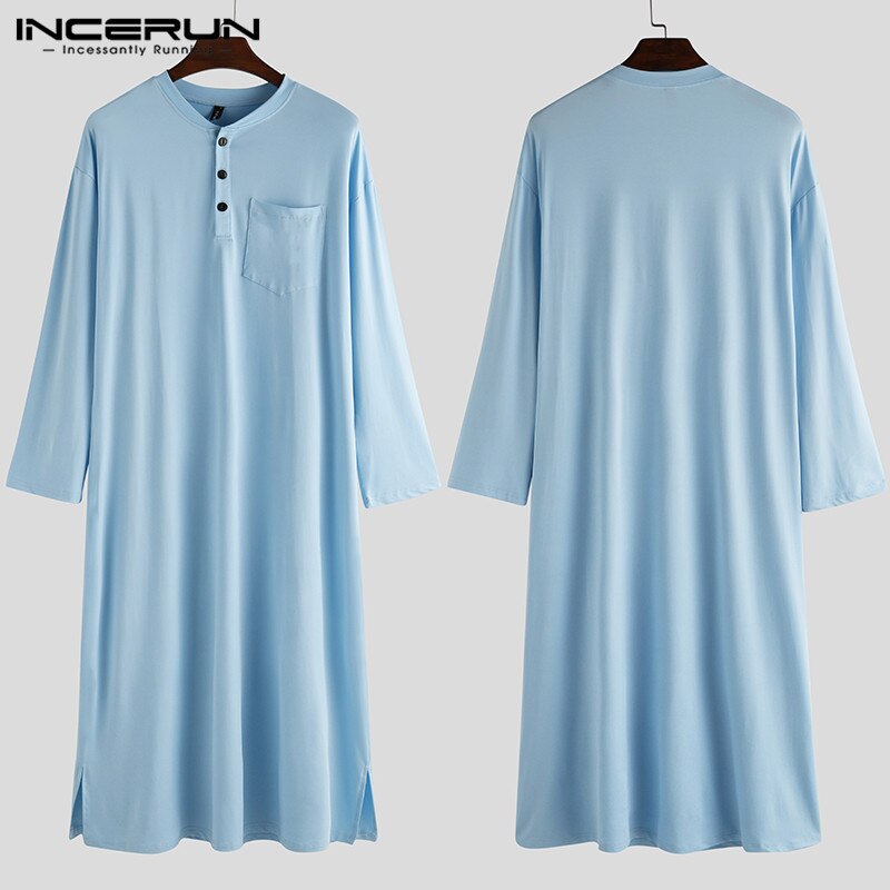 Incerun menn robes langermet pyjamas ensfarget fritid komfortabelt hjemmetøy o hals badekåper herre kaftan nattøy robes