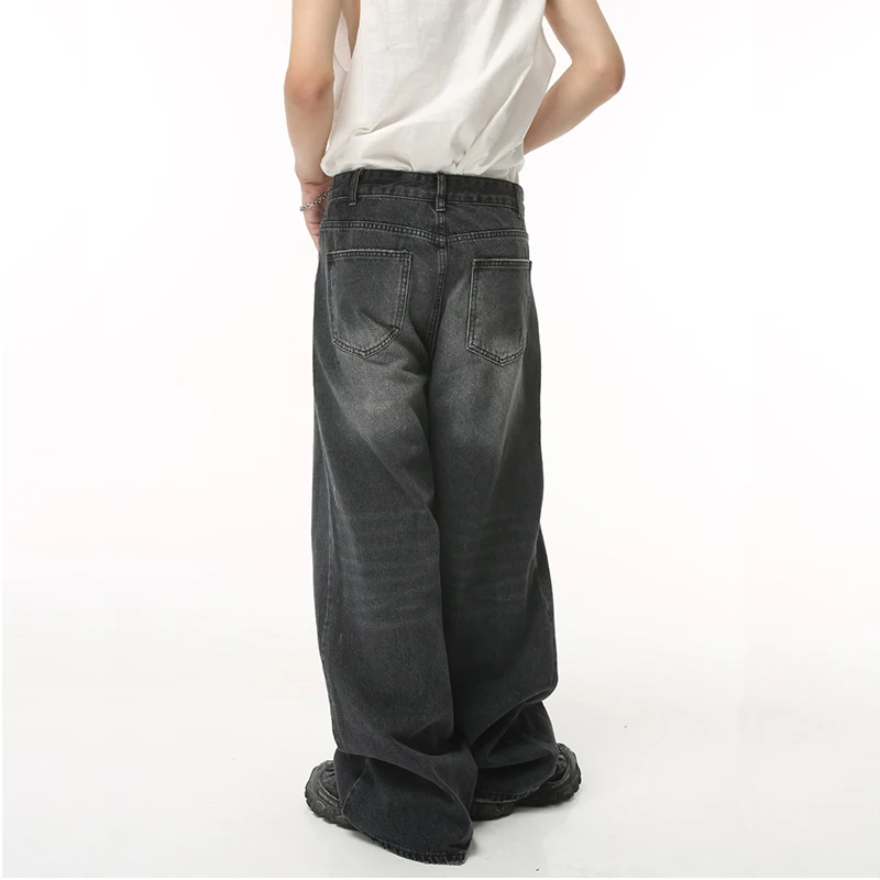 Men's Loose Jeans Black and Gray Retro American Style Straight Wide-leg Floor-length Denim Long Pants Streetwear Male