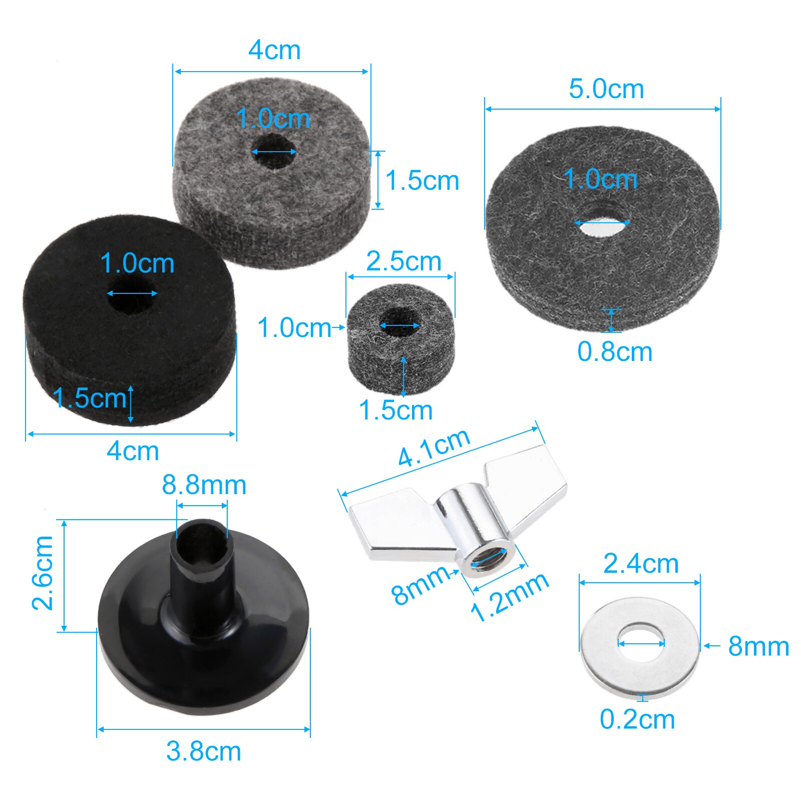 Feutres de cymbale pour chapeau, pochette, feutre, tasse, manches de support, avec écrous d&#39;aile de Base et rondelle de cymbale pour tambour, lot de 18 pièces