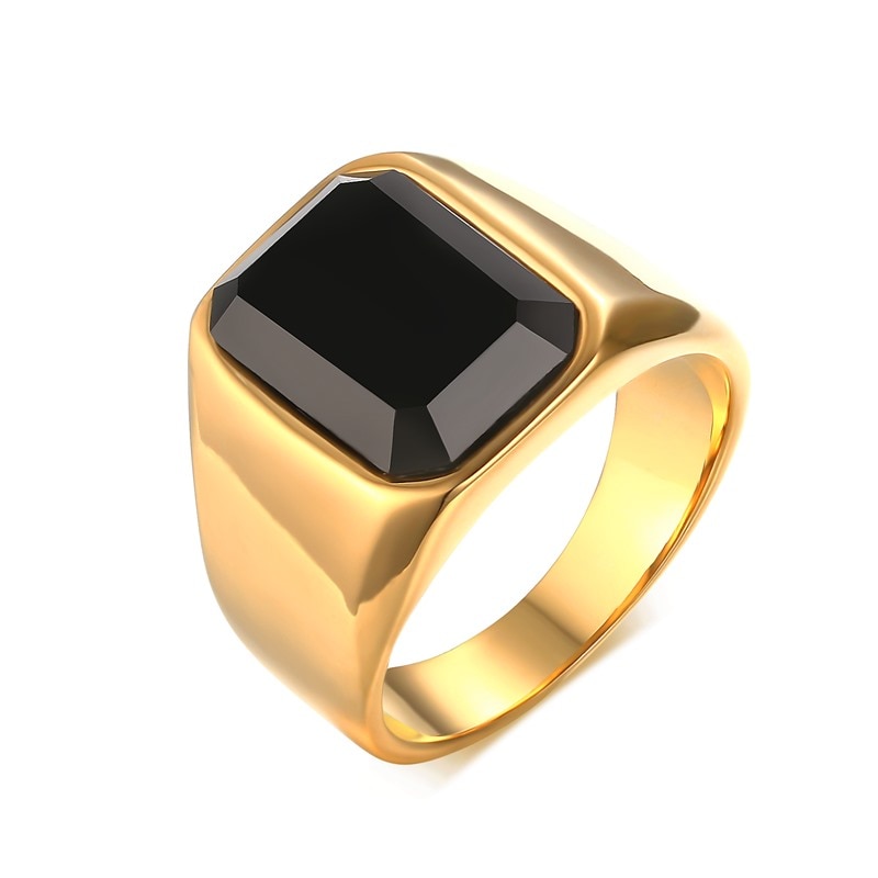 Anéis de aço inoxidável anel de sinal com pedra preta para homem banda de casamento ouro cor jóias anel masculino