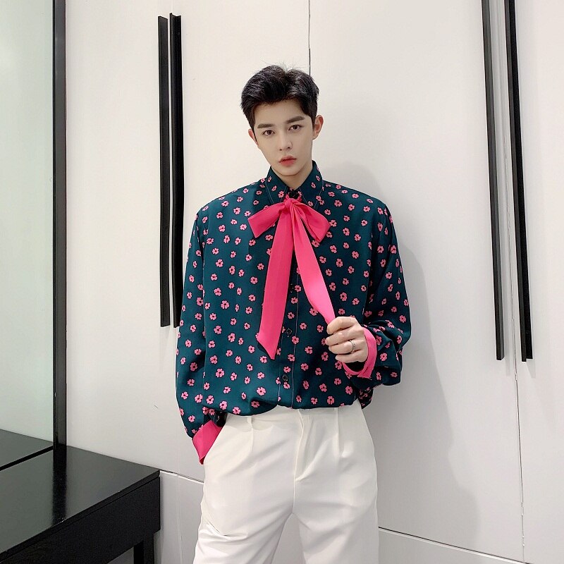 Mannen Roze Strikje Oversized Shirts Casual Bloemen Lange Mouw Blouse Vrouwen Harajuku Elegante Mode Groen Shirt Camisa Masculina