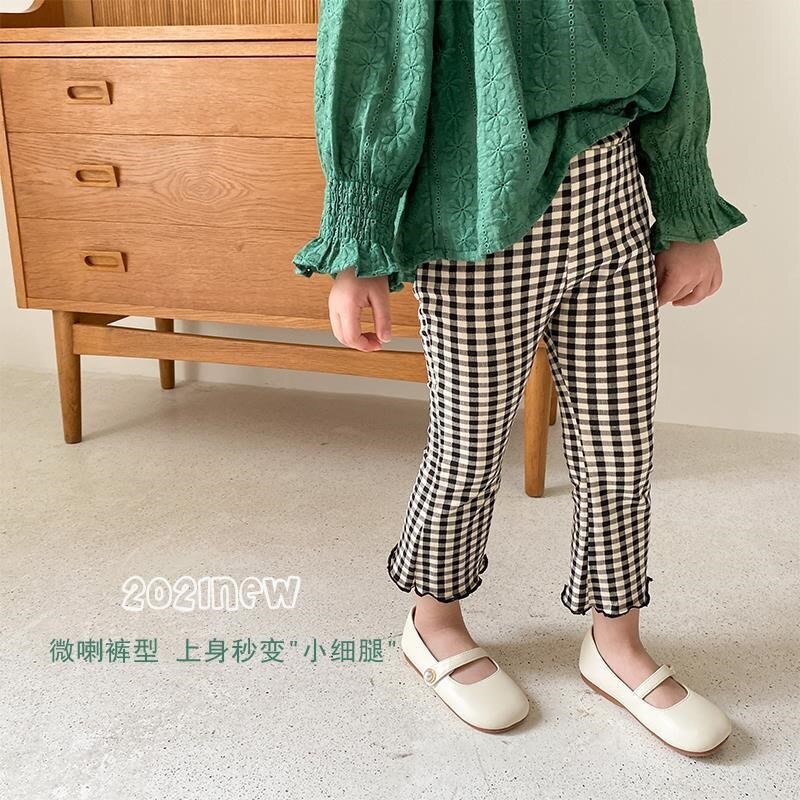Koreaanse Versie Flared Broek Herfst Kleding Voor Kids Plaid Slanke Meisjes Broek Lente Uitloper Leggings Bell Bottoms Kinderen
