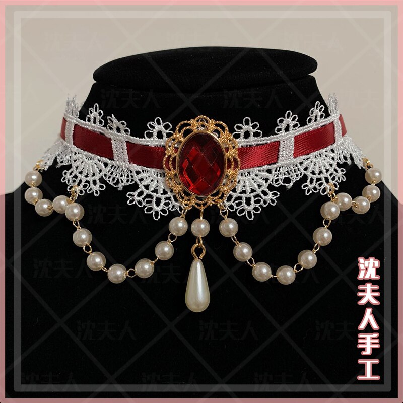 Originele Lolita Ketting Gem Parel Kant Ketting Lint Accessoires Ornamenten Gadget: Red Ribbon