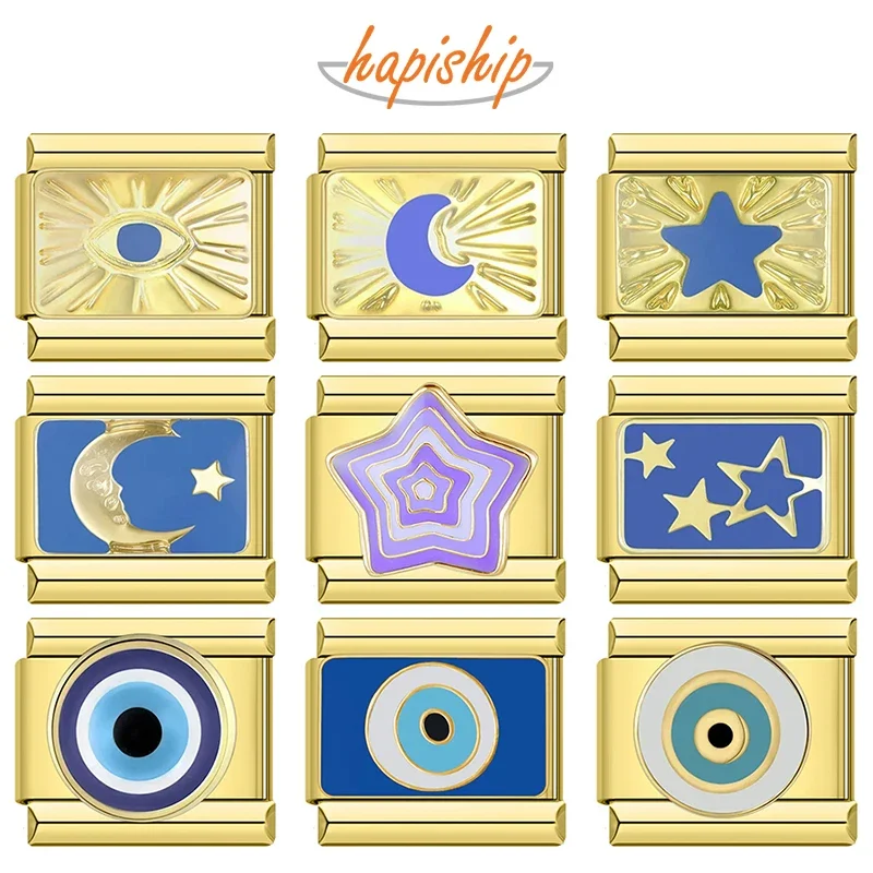 Hapiship, , 2024, Luna, estrella, ojo, dorado, italiano, eslabones aptos para pulsera de acero inoxidable de 9mm, joyería al por mayor DJ1373-A