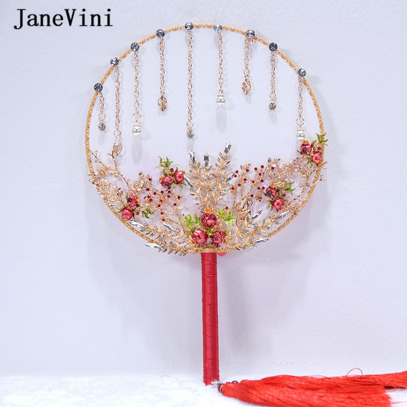JaneVini ramo de boda de lujo chino ventilador de Granada oro flor Metal nupcial redondo abanico de mano rojo joyería boda Accesorios