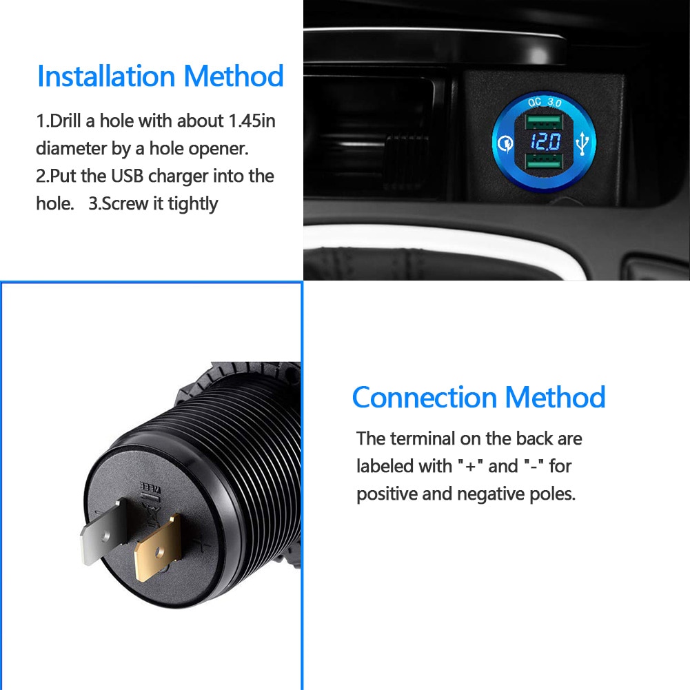 Hurtig opladning 3.0 dobbelt usb oplader stik vandtæt aluminium power charge led voltmeter til 12v/24v bil båd motorcykel usb auto