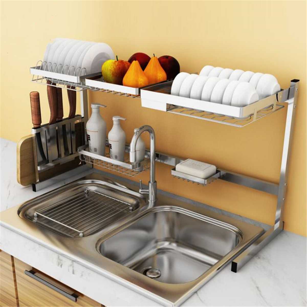 Stainless Steel Kitchen Shelf Storage Holders Bowl Dish Rack Organizer Utensils Storage Supplies Drying Bowl Sink Rack