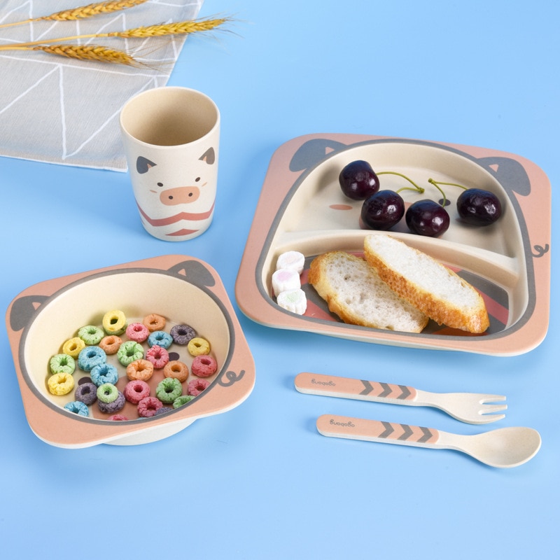 5pcs/set Baby Dish Tableware Children Cartoon Feeding Dishes Kids Natural Bamboo Fiber Dinnerware With Bowl Fork Cup Spoon Plate