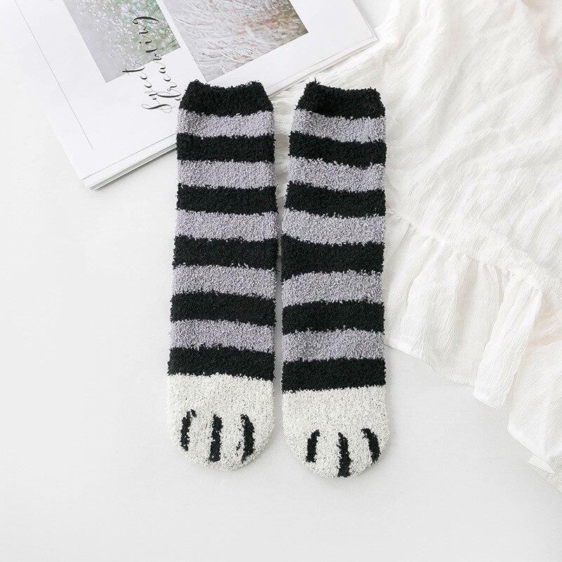 Calcetines de lana de Coral para mujer, medias de tubo Kawaii, con garras de gato, gruesos y cálidos para dormir, para otoño e invierno, 1 par, novedad: 1