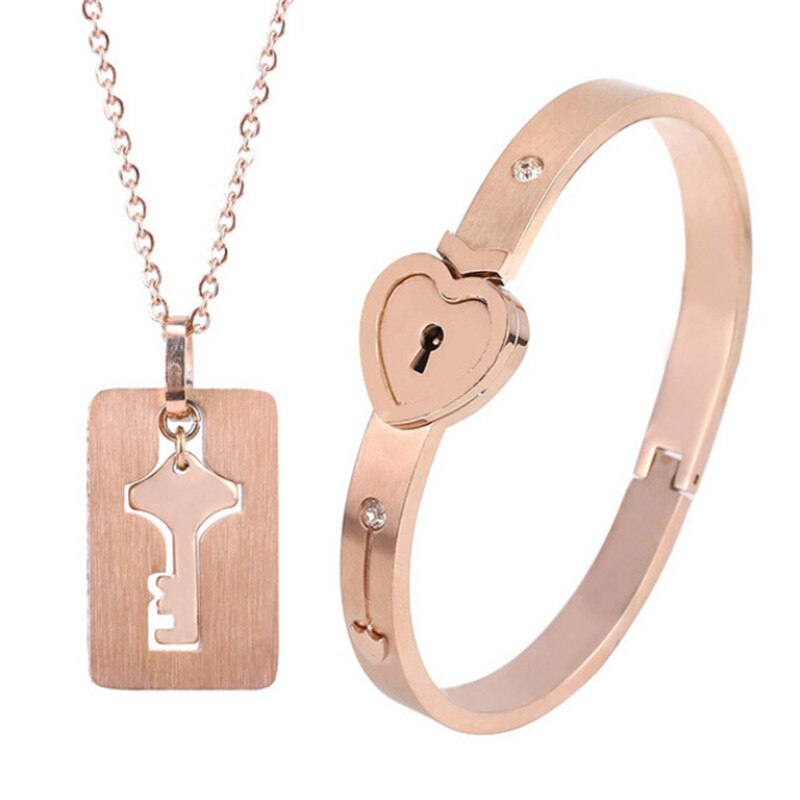 A Couple Lovers Jewelry Love Heart Lock Bracelet Stainless Steel Bracelets Bangles Key Pendant Necklace Jewelry: B