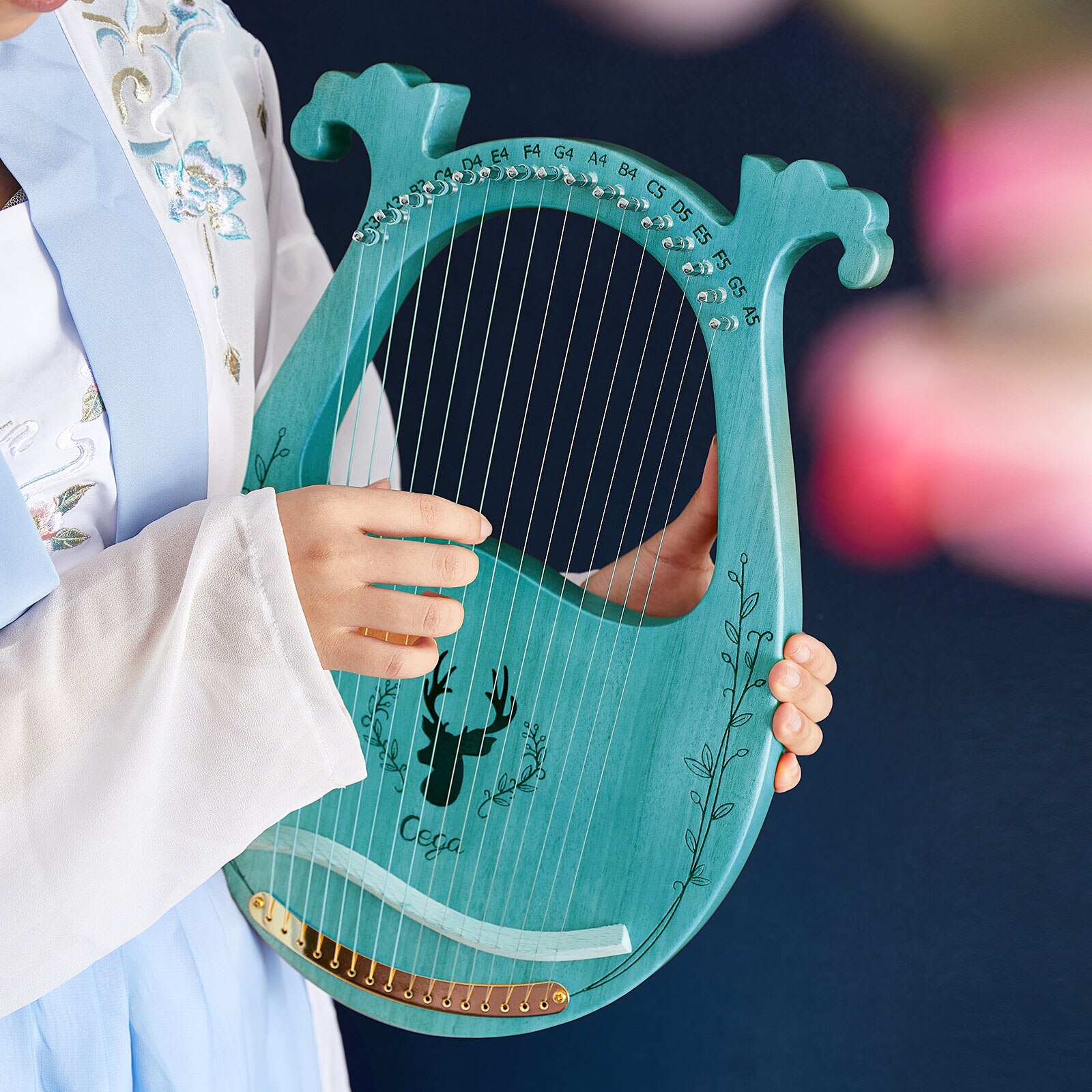 16-- snarige houten lier, harp, klankkast, snaarinstrument met stemsleutel, 3 stuks plectrums, snaarinstrumenten