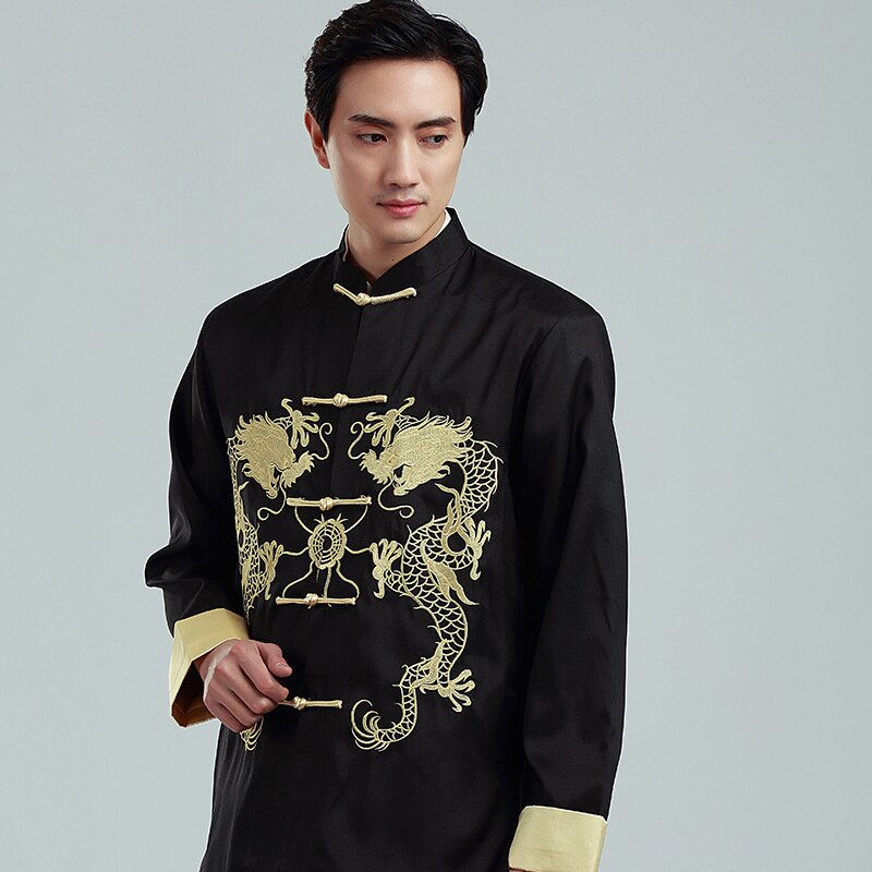 Chinese Kung Fu Geborduurde Gouden Dubbele Draak Tang Pak Mannen Met Lange Mouwen Jas Lente Herfst Leisure Kraag Jas bruce Lee