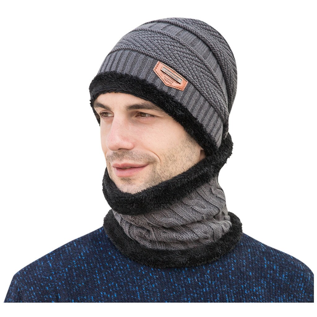Mænds vinter hat krave sæt plus fløjl tyk strik hat og lyddæmper efterår og vinter varm tykkere tørklæder tørklæde tilbehør: Grå