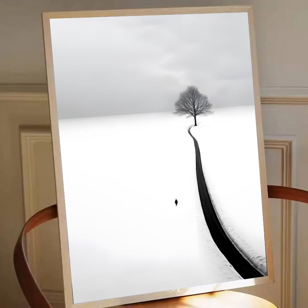 Zelfklevende poster met schilderij en prints voor slaapkamer en woonkamer, minimalistische zwart-wit berglandschap met bomen en kraaien.: Medium / Paars