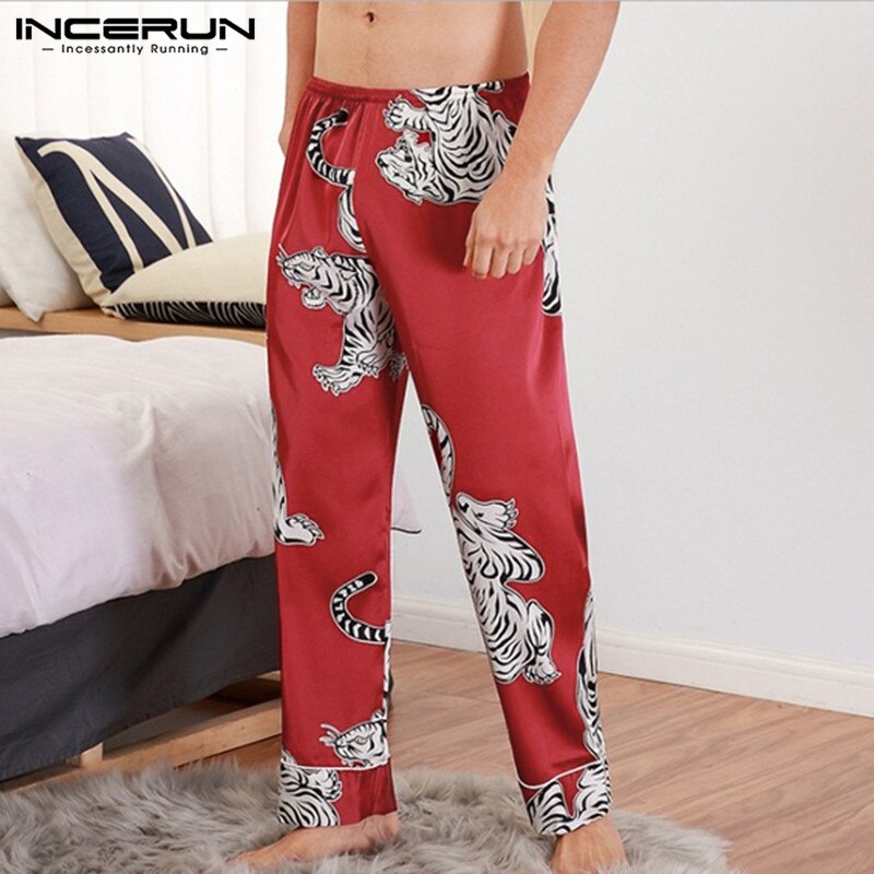 INCERUN Printing Men Sleep Bottoms Pants Silk Satin Leisure Pajamas Comfortable Sleepwear Vintage Men Lounge Pants S-5XL