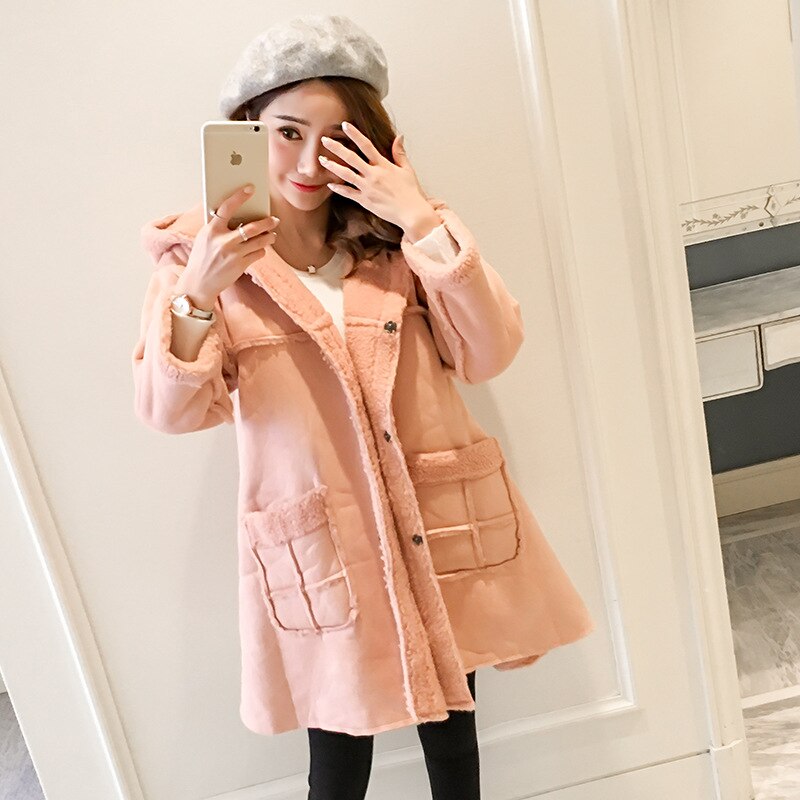 BONJEAN Autumn Winter Pregnancy Outwear Pink Velvet Maternity Jackets Hoodied A Line Loose Coats Clothes For Pregnant Women