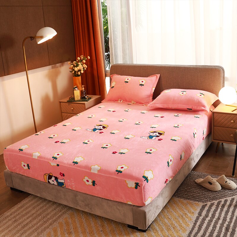 Fitted Sheet Winter Keep Warm Bed Linen Home Thickened Soft Milk Velvet Mattress Cover 150x200 180x200cm Adult Kids Bedspread: 010 / 2 pcs pillowcase