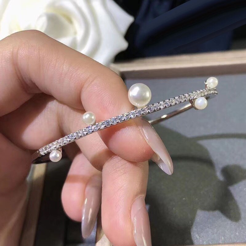 UMGODLY Luxury Brand Bangle Silver Color Line Bracelet Pearl Cuff Zirconia Stones Bangle Statement Women Jewelry