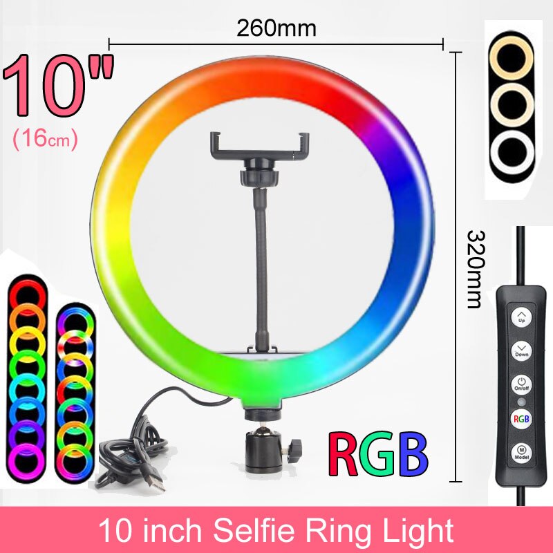 Fotografie Lamp Licht Ring Met Telefoon Houder Selfie Usb Plug Dimbare 6 8 10 12 14 Inch Beschikbaar In verschillende Maten: 10 RGB only light