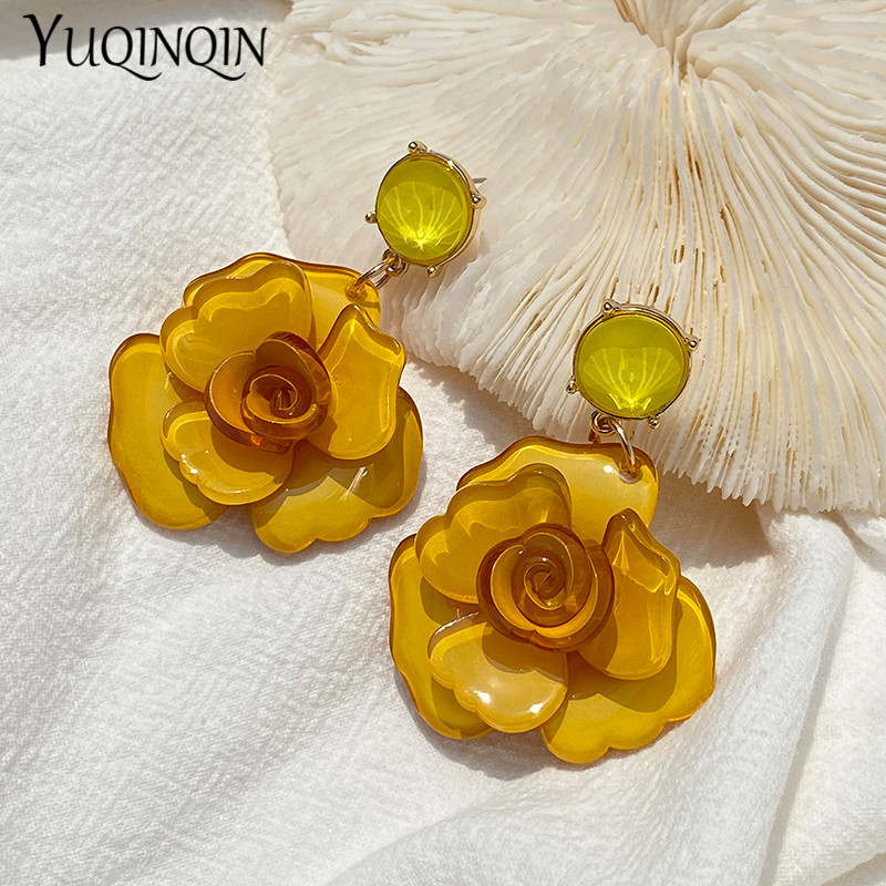Vintage coréen acrylique Rose fleur boucles d'oreilles pour femmes acétate résine longues boucles d'oreilles pour filles bijoux Brincos
