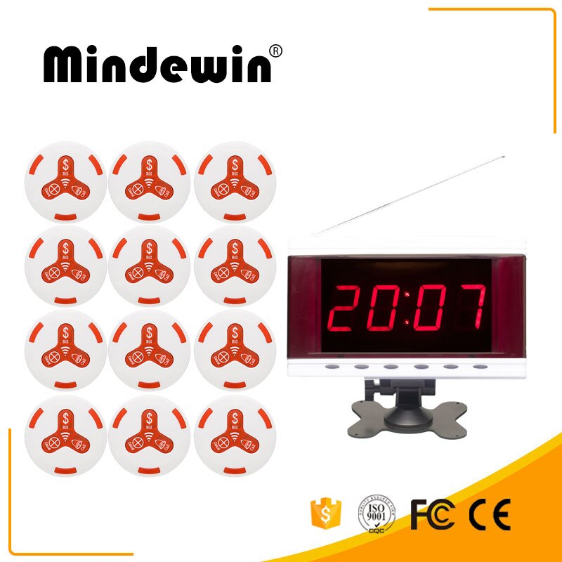 Mindewin draadloos oproepsysteem voor restaurants pager 12 stuks mk -3 oproepknoppen en 1 stuk mr -2 led-display toont 1 groepsnummer: Wit rood